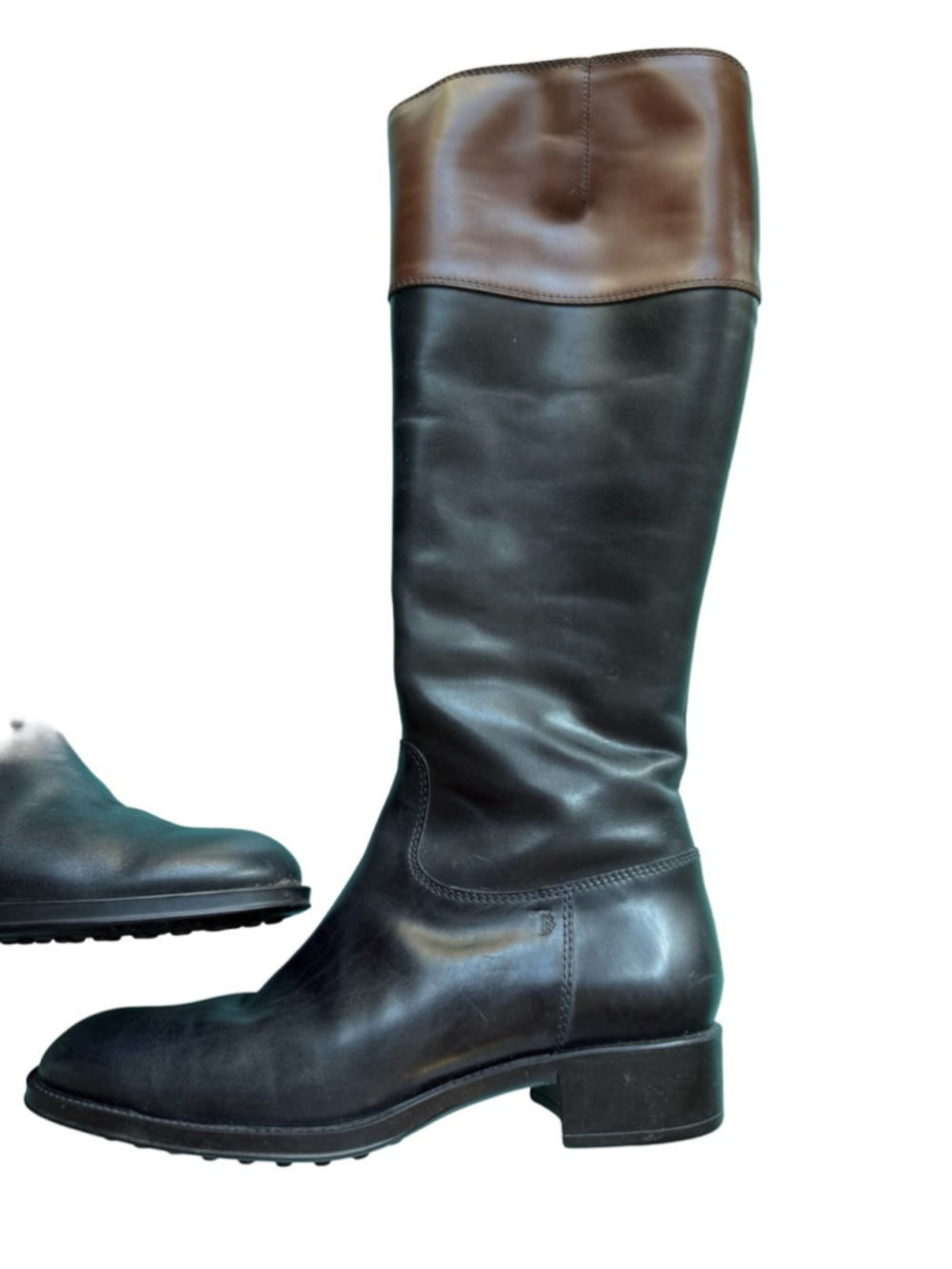 Tod’s Progetto Gomma Two Tone Leather Knee High Riding Boots Black Brown Size 36 - Picture 14 of 14